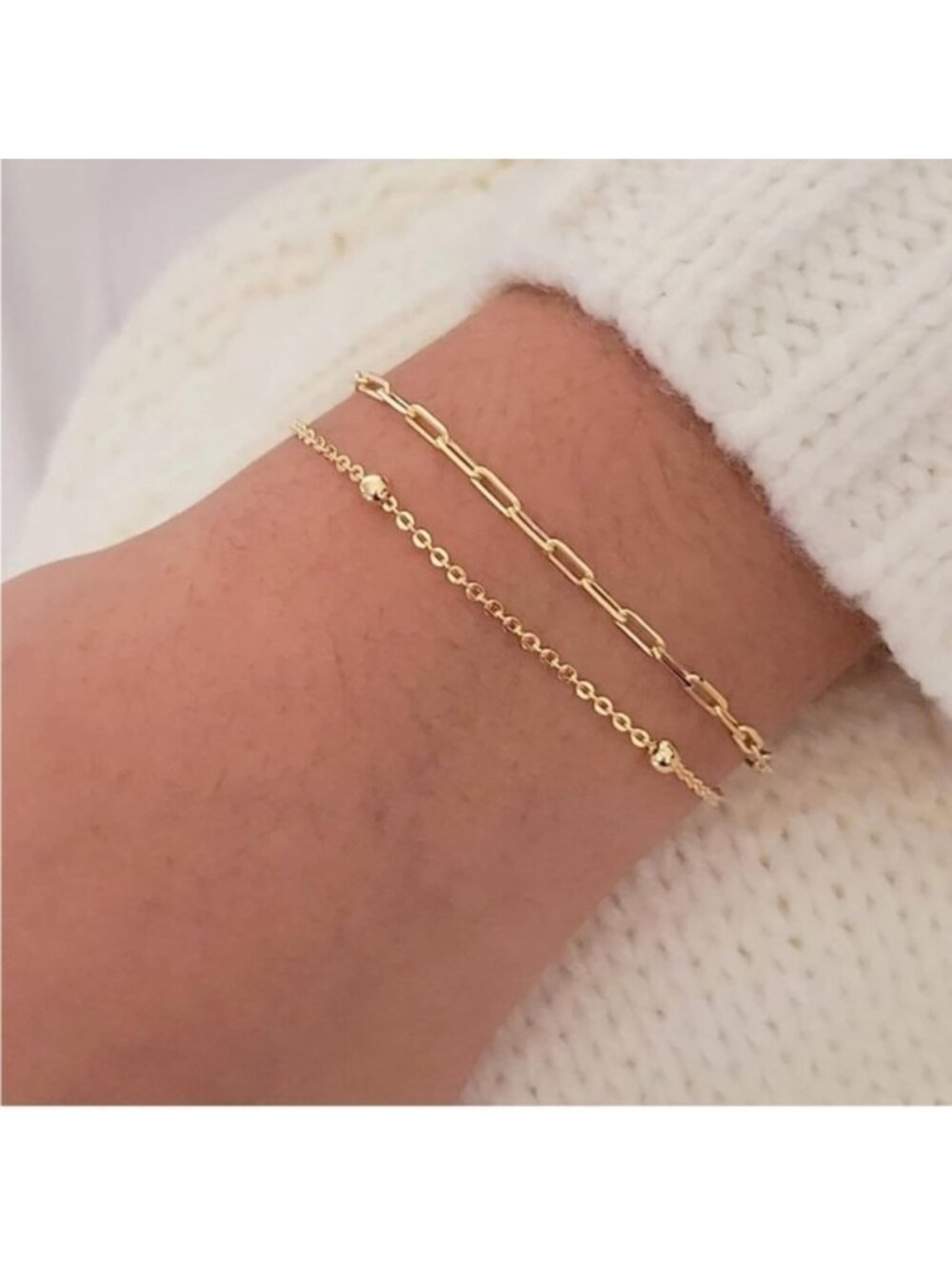 Gold 14k Gold Plated 2pc PaperClip Beaded Bracelet Set